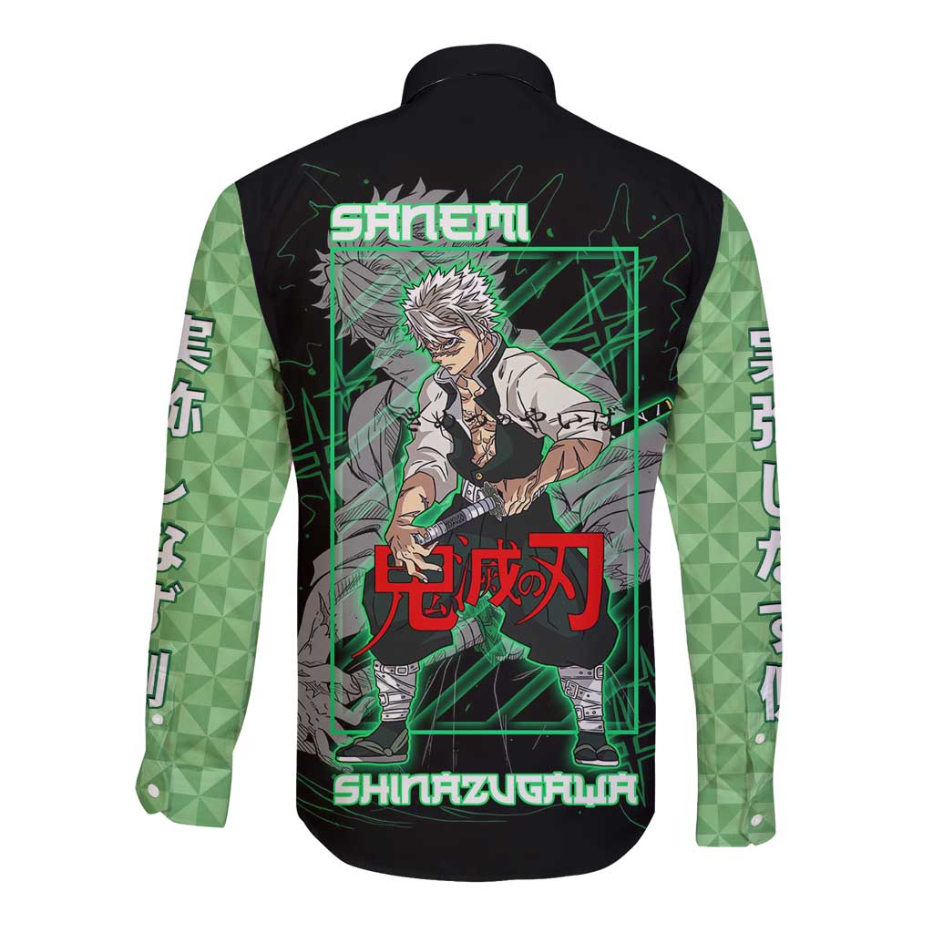 Shinazugawa Sanemi Demon Slayer Long Sleeve Button Shirt with Green and Black Grid Style Design - The Mazicc