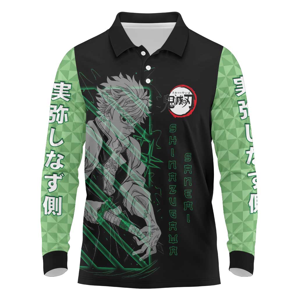 Shinazugawa Sanemi Demon Slayer Long Sleeve Polo Shirt with Green and Black Grid Style Design - The Mazicc