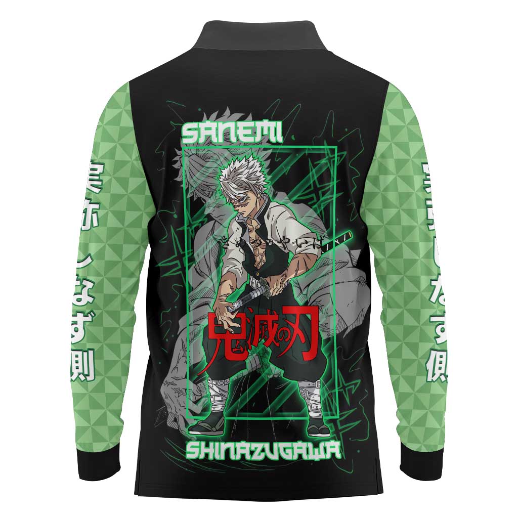 Shinazugawa Sanemi Demon Slayer Long Sleeve Polo Shirt with Green and Black Grid Style Design - The Mazicc