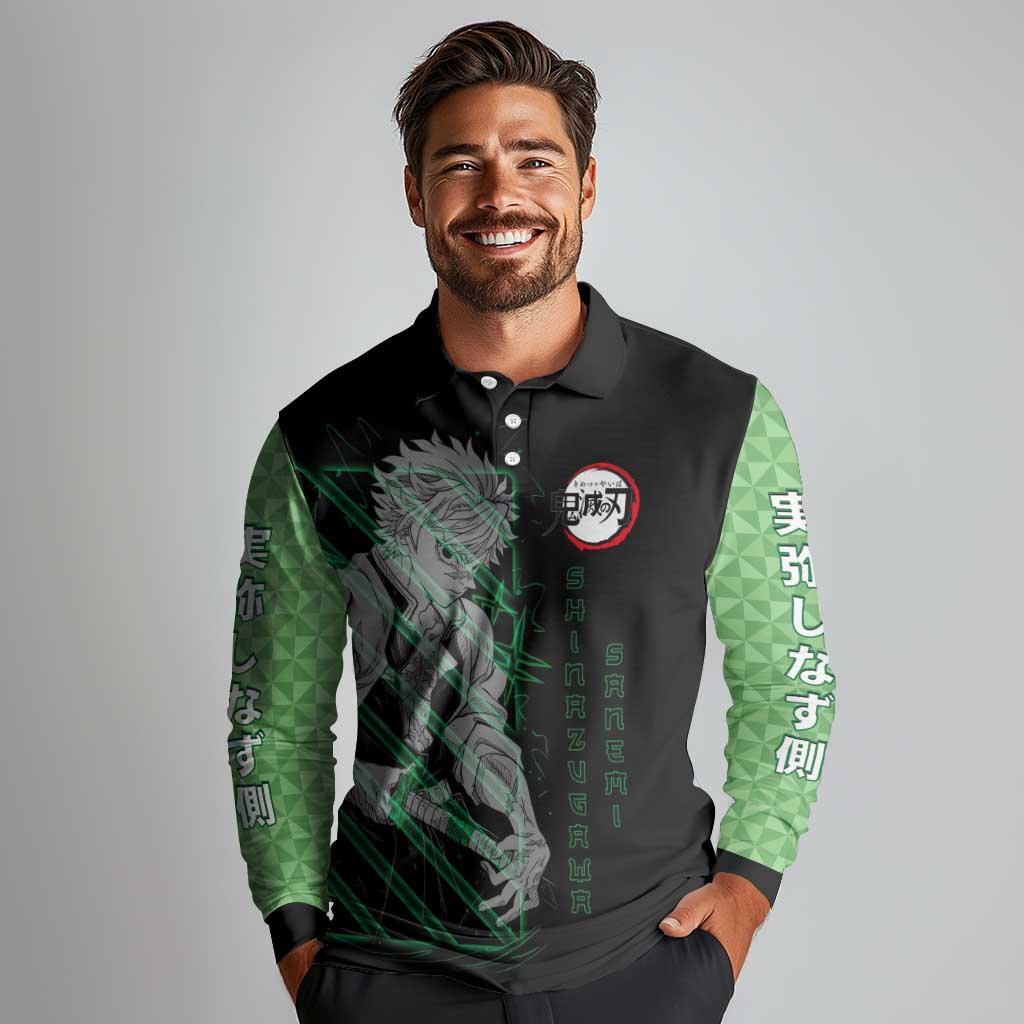 Shinazugawa Sanemi Demon Slayer Long Sleeve Polo Shirt with Green and Black Grid Style Design - The Mazicc