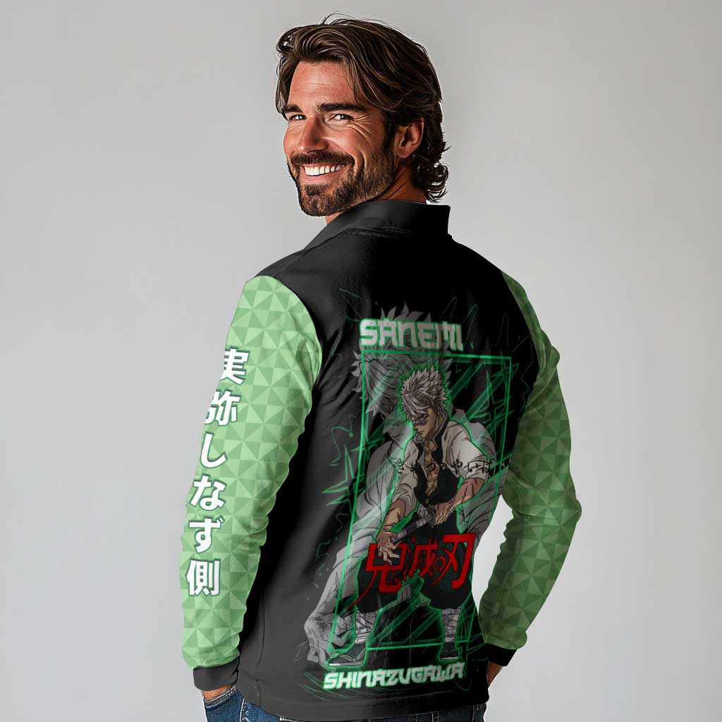 Shinazugawa Sanemi Demon Slayer Long Sleeve Polo Shirt with Green and Black Grid Style Design - The Mazicc