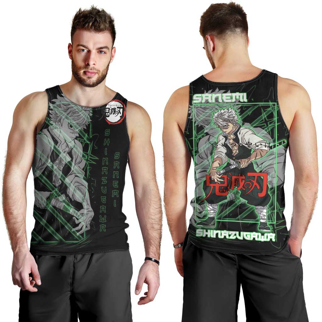 Shinazugawa Sanemi Demon Slayer Men Tank Top with Green and Black Grid Style Design - The Mazicc
