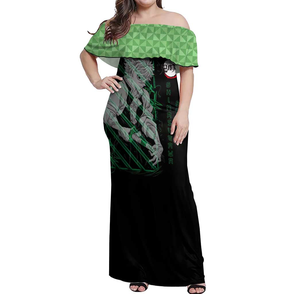Shinazugawa Sanemi Demon Slayer Off Shoulder Maxi Dress with Green and Black Grid Style Design - The Mazicc