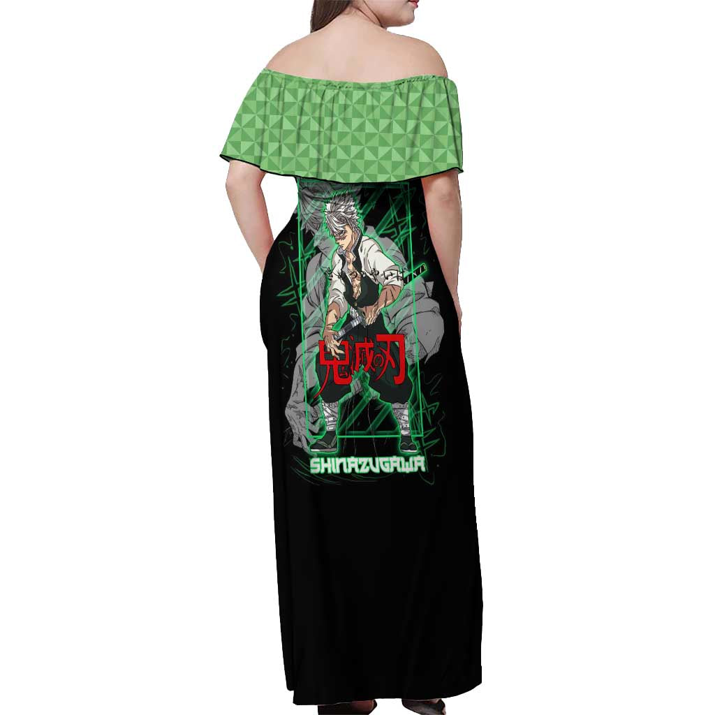 Shinazugawa Sanemi Demon Slayer Off Shoulder Maxi Dress with Green and Black Grid Style Design - The Mazicc