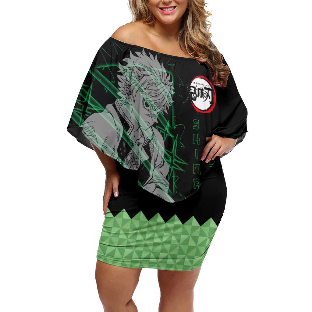 Shinazugawa Sanemi Demon Slayer Off Shoulder Short Dress with Green and Black Grid Style Design - The Mazicc