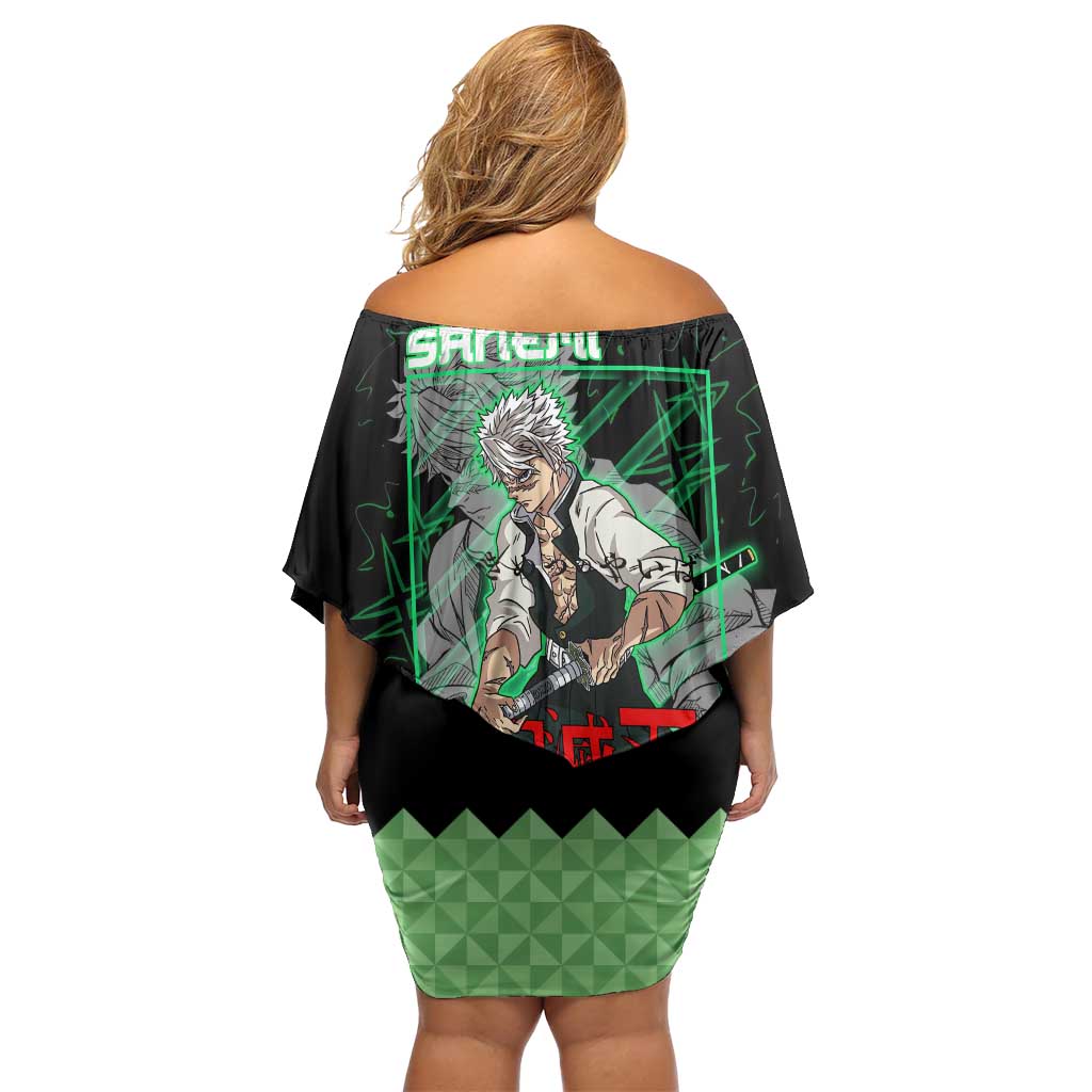 Shinazugawa Sanemi Demon Slayer Off Shoulder Short Dress with Green and Black Grid Style Design - The Mazicc