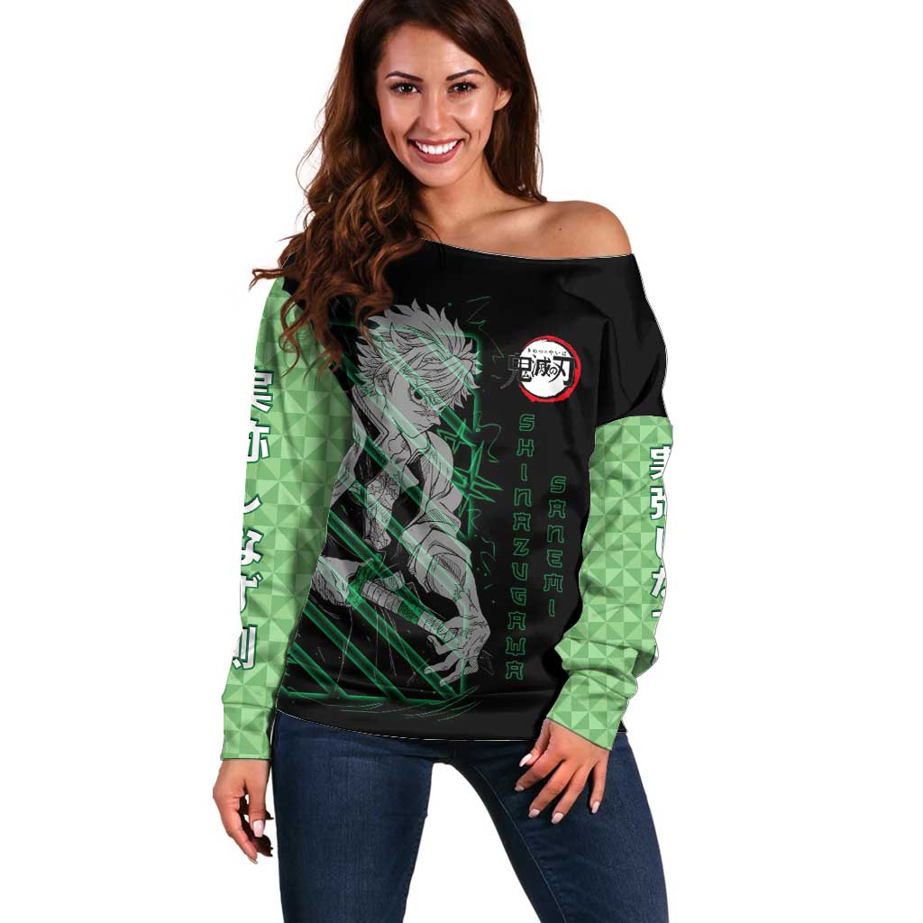 Shinazugawa Sanemi Demon Slayer Off Shoulder Sweater with Green and Black Grid Style Design - The Mazicc
