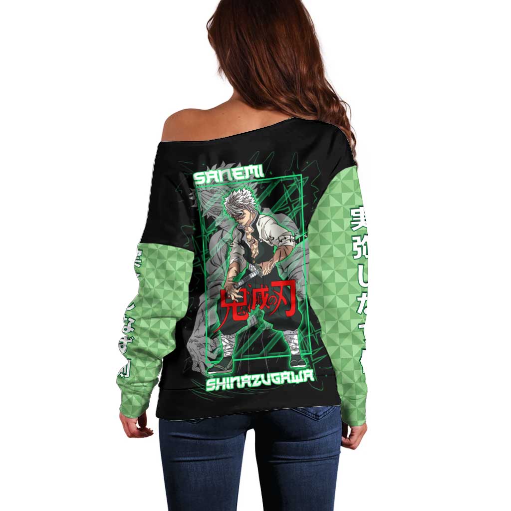 Shinazugawa Sanemi Demon Slayer Off Shoulder Sweater with Green and Black Grid Style Design - The Mazicc