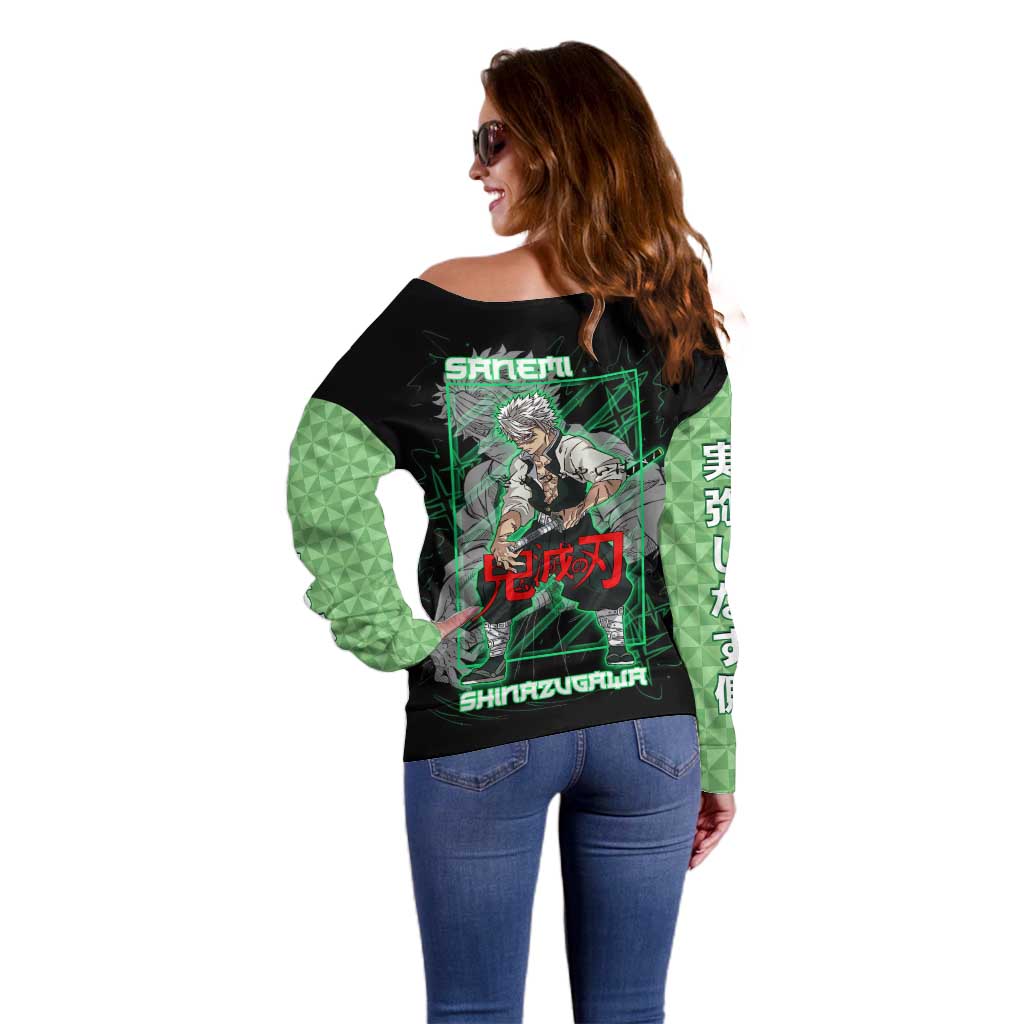 Shinazugawa Sanemi Demon Slayer Off Shoulder Sweater with Green and Black Grid Style Design - The Mazicc