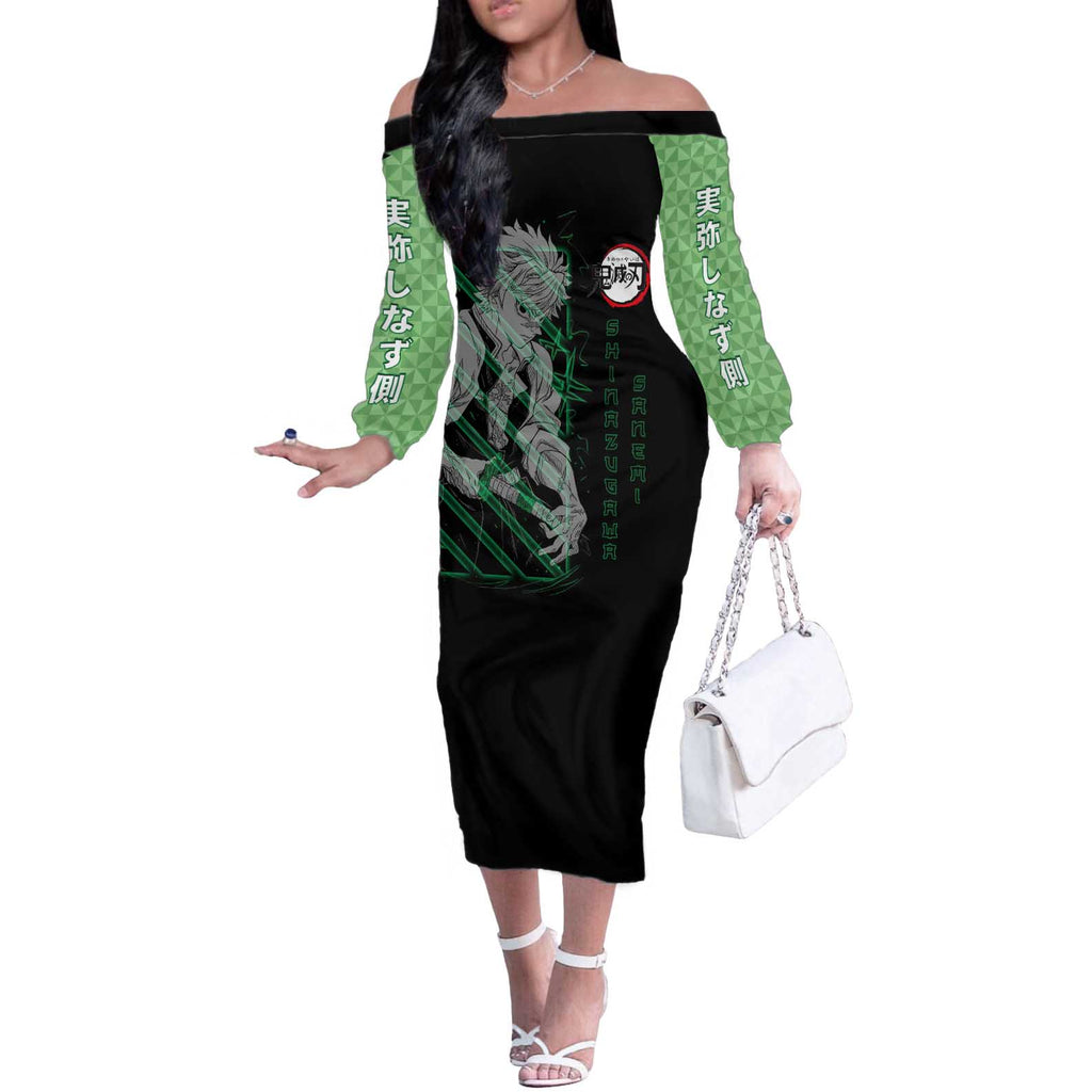 Shinazugawa Sanemi Demon Slayer Off The Shoulder Long Sleeve Dress with Green and Black Grid Style Design - The Mazicc