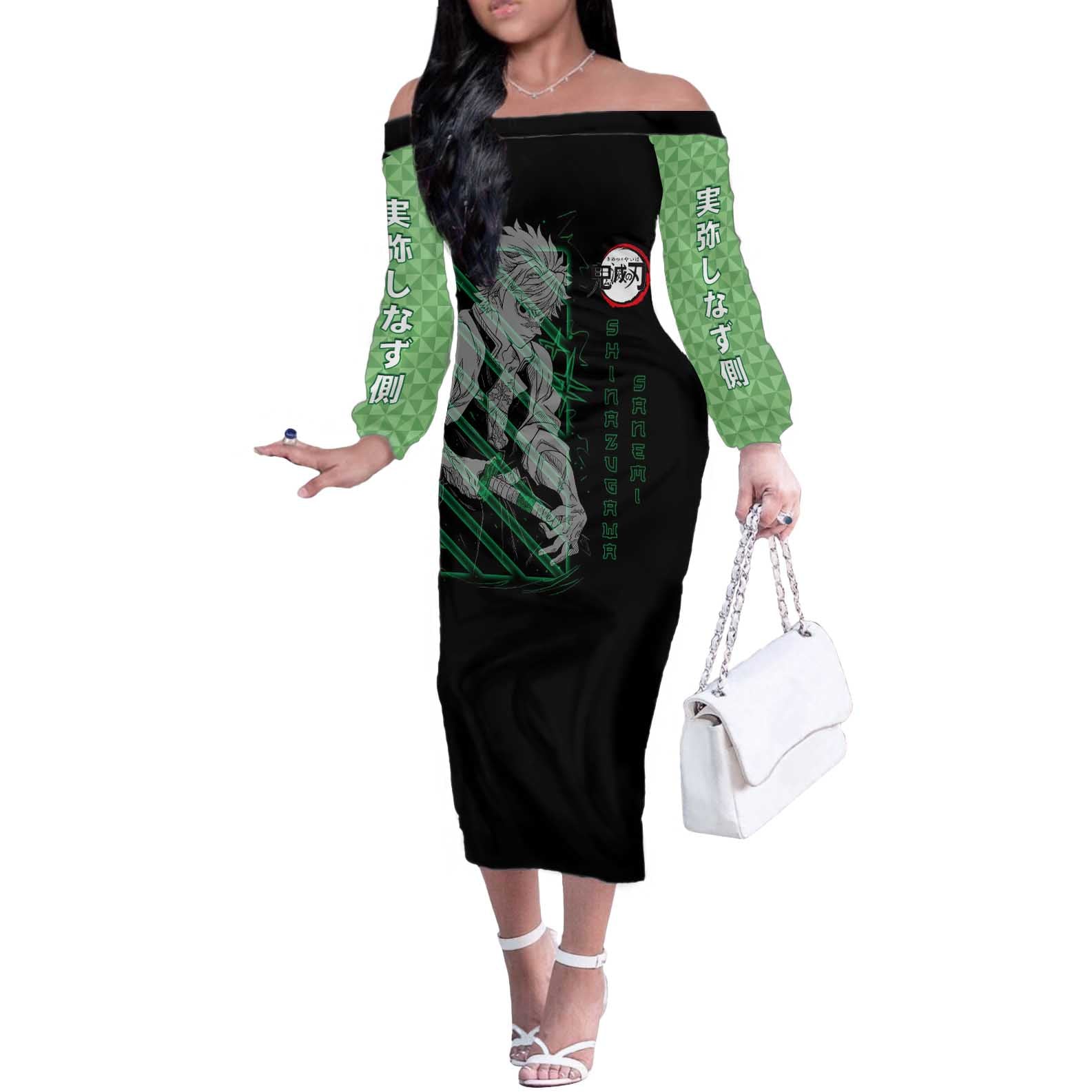 Shinazugawa Sanemi Demon Slayer Off The Shoulder Long Sleeve Dress with Green and Black Grid Style Design - The Mazicc