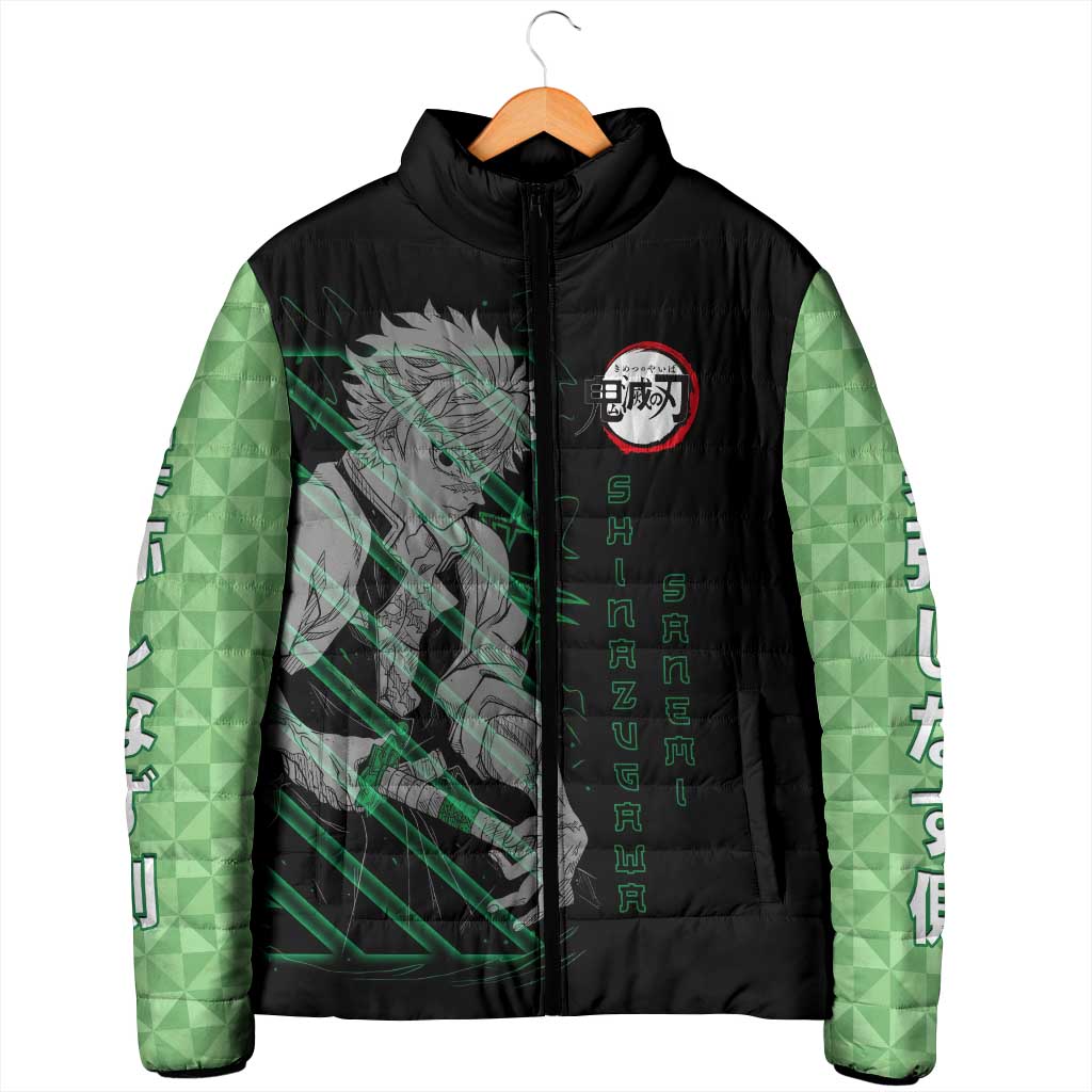 Shinazugawa Sanemi Demon Slayer Padded Jacket with Green and Black Grid Style Design - The Mazicc