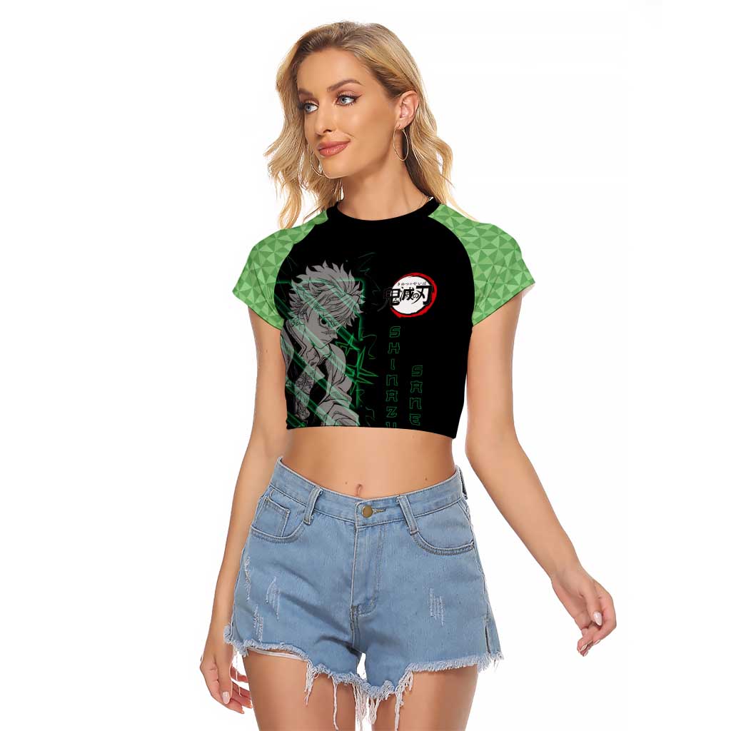 Shinazugawa Sanemi Demon Slayer Raglan Cropped T Shirt with Green and Black Grid Style Design - The Mazicc