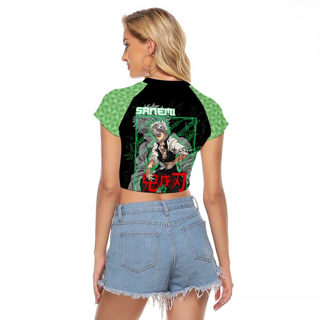 Shinazugawa Sanemi Demon Slayer Raglan Cropped T Shirt with Green and Black Grid Style Design - The Mazicc