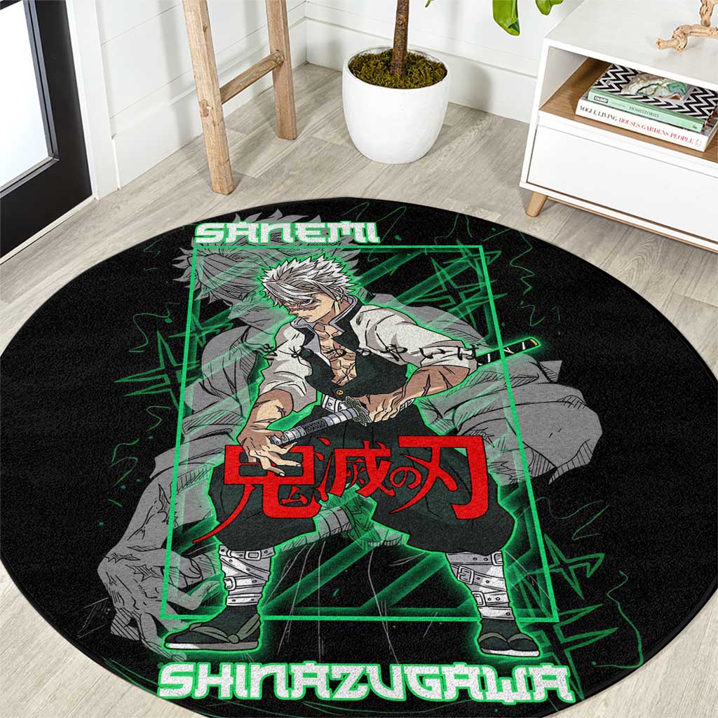 Shinazugawa Sanemi Demon Slayer Round Carpet with Green and Black Grid Style Design - The Mazicc