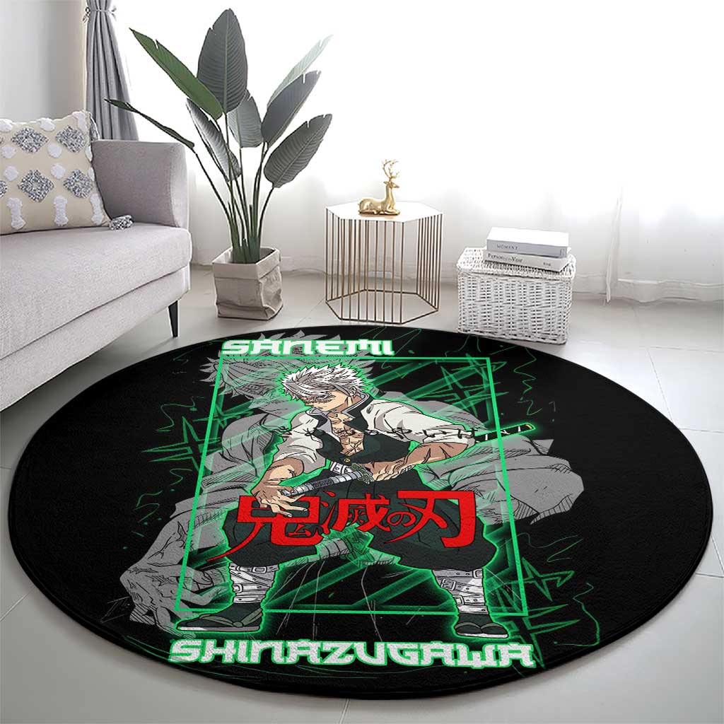 Shinazugawa Sanemi Demon Slayer Round Carpet with Green and Black Grid Style Design - The Mazicc