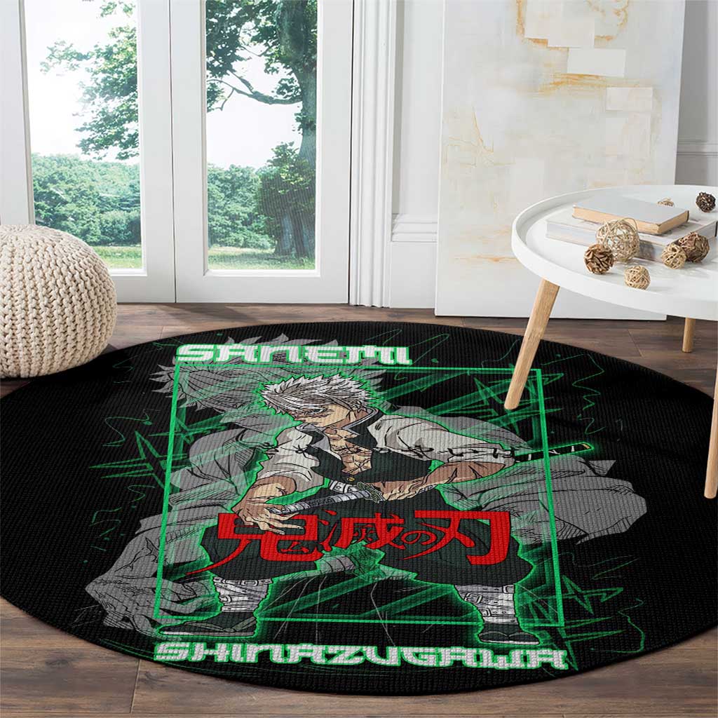 Shinazugawa Sanemi Demon Slayer Round Carpet with Green and Black Grid Style Design - The Mazicc