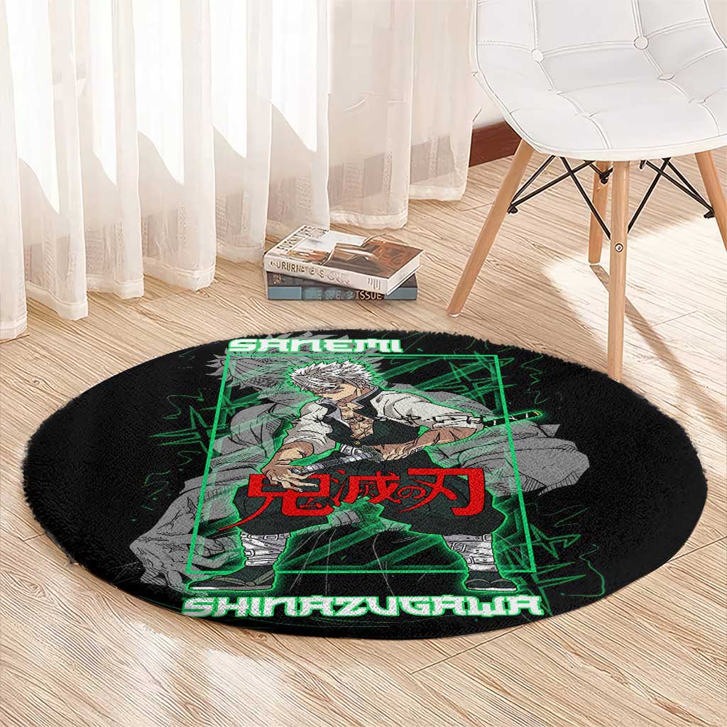Shinazugawa Sanemi Demon Slayer Round Carpet with Green and Black Grid Style Design - The Mazicc