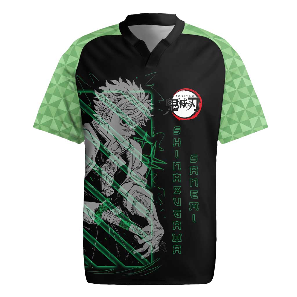 Shinazugawa Sanemi Demon Slayer Rugby Jersey with Green and Black Grid Style Design - The Mazicc