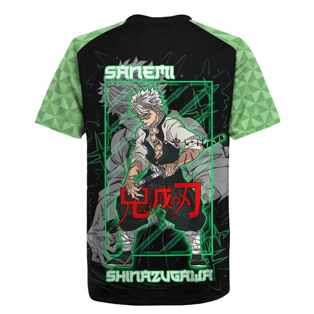 Shinazugawa Sanemi Demon Slayer Rugby Jersey with Green and Black Grid Style Design - The Mazicc