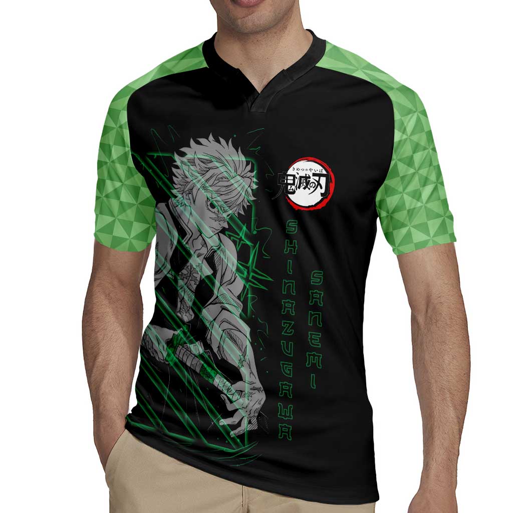 Shinazugawa Sanemi Demon Slayer Rugby Jersey with Green and Black Grid Style Design - The Mazicc