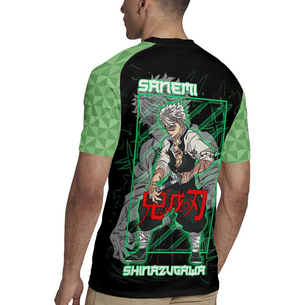 Shinazugawa Sanemi Demon Slayer Rugby Jersey with Green and Black Grid Style Design - The Mazicc