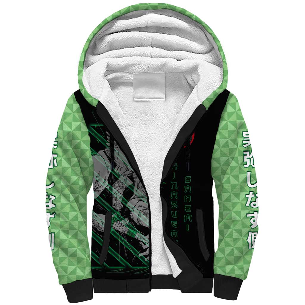 Shinazugawa Sanemi Demon Slayer Sherpa Hoodie with Green and Black Grid Style Design - The Mazicc
