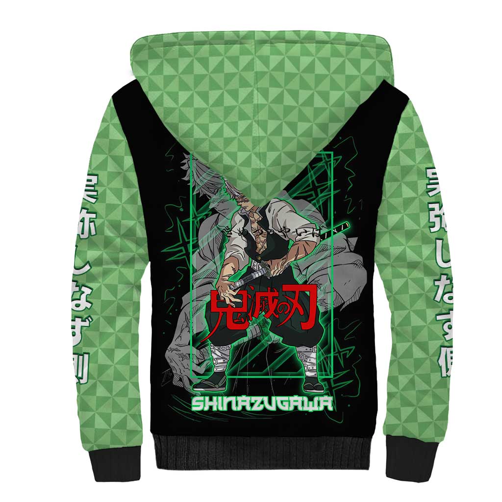 Shinazugawa Sanemi Demon Slayer Sherpa Hoodie with Green and Black Grid Style Design - The Mazicc