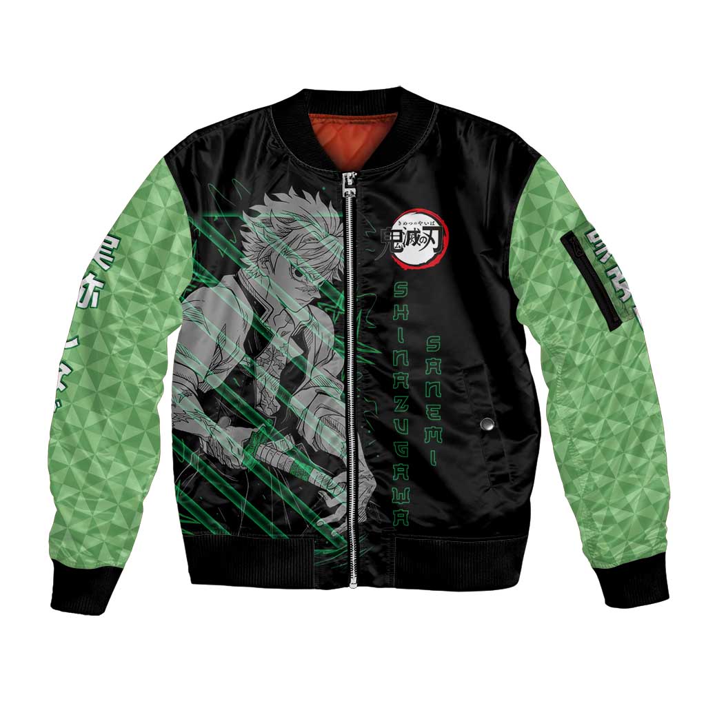 Shinazugawa Sanemi Demon Slayer Sleeve Zip Bomber Jacket with Green and Black Grid Style Design - The Mazicc