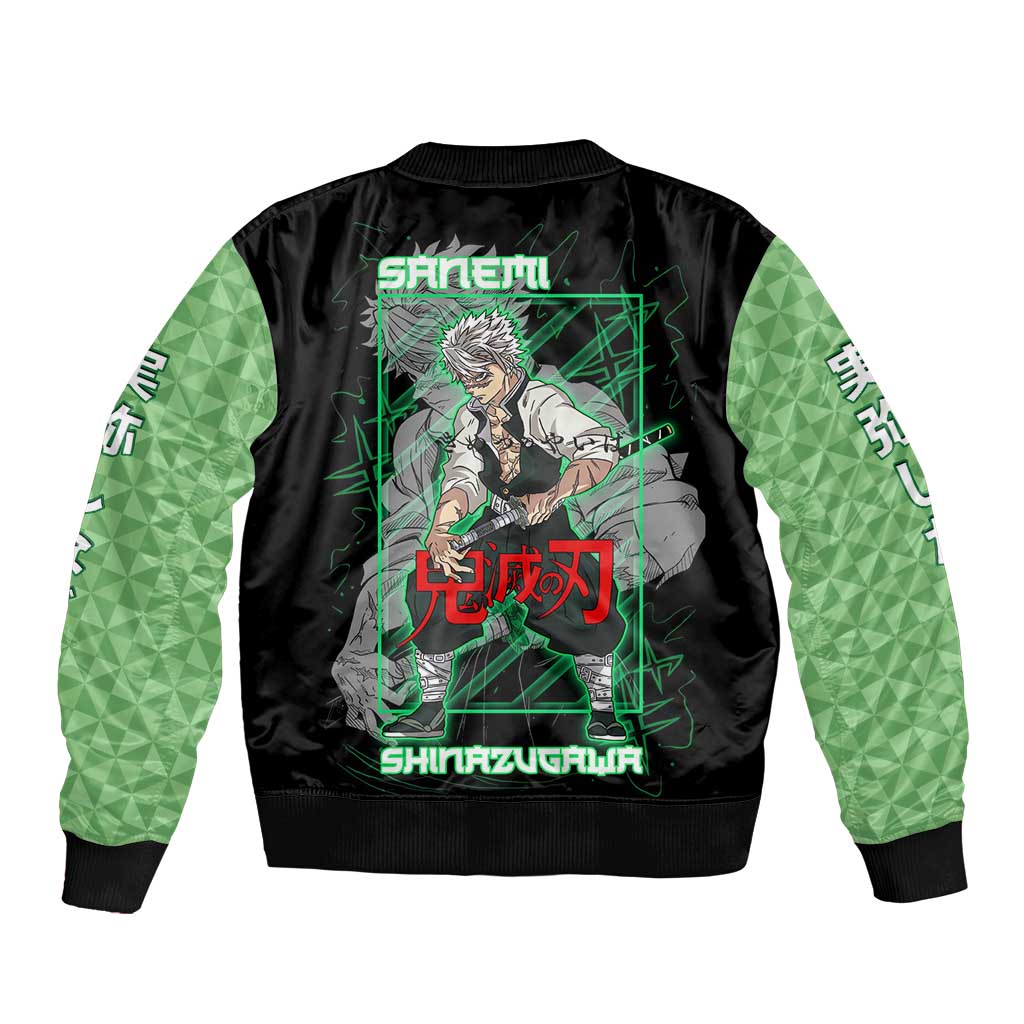 Shinazugawa Sanemi Demon Slayer Sleeve Zip Bomber Jacket with Green and Black Grid Style Design - The Mazicc