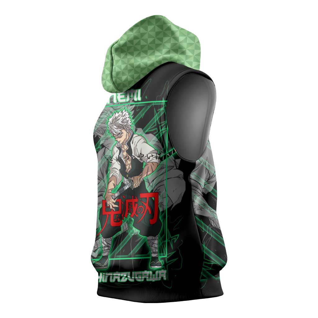 Shinazugawa Sanemi Demon Slayer Sleeveless Hoodie with Green and Black Grid Style Design - The Mazicc