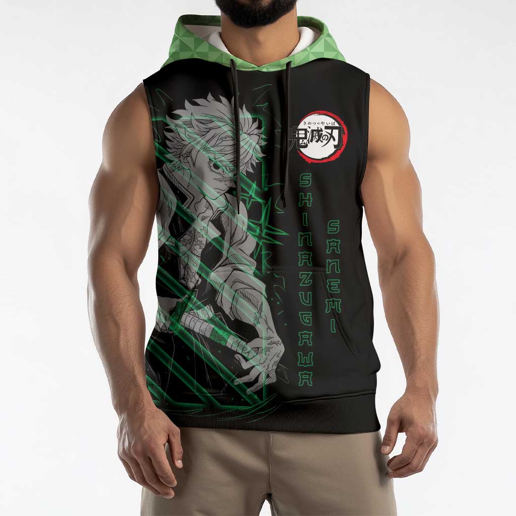 Shinazugawa Sanemi Demon Slayer Sleeveless Hoodie with Green and Black Grid Style Design - The Mazicc
