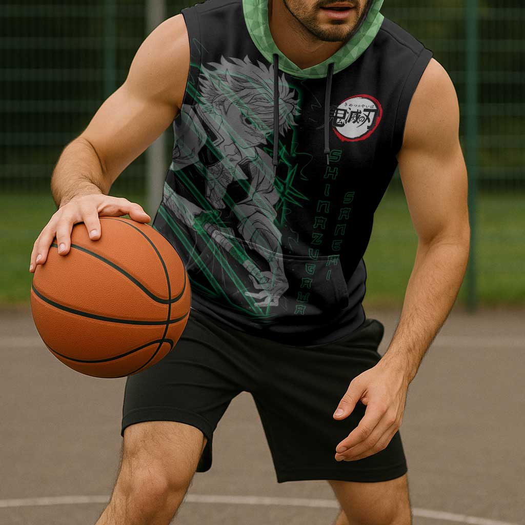 Shinazugawa Sanemi Demon Slayer Sleeveless Hoodie with Green and Black Grid Style Design - The Mazicc