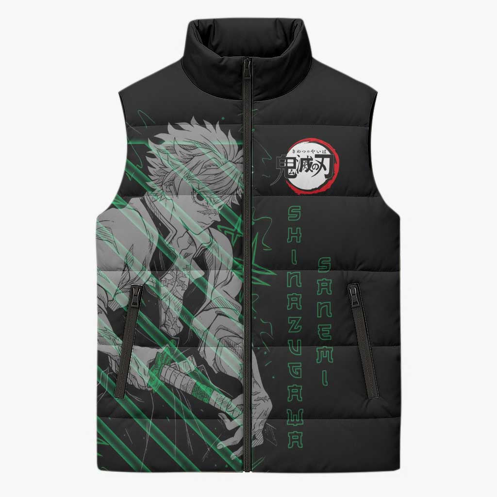 Shinazugawa Sanemi Demon Slayer Sleeveless Puffer Jacket with Green and Black Grid Style Design - The Mazicc