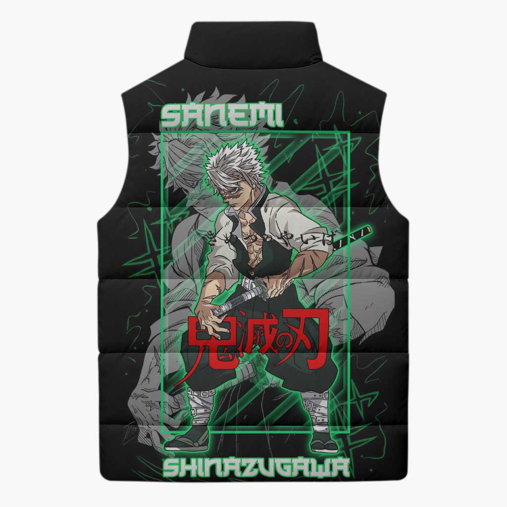 Shinazugawa Sanemi Demon Slayer Sleeveless Puffer Jacket with Green and Black Grid Style Design - The Mazicc