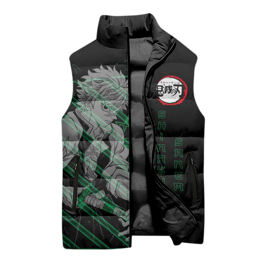Shinazugawa Sanemi Demon Slayer Sleeveless Puffer Jacket with Green and Black Grid Style Design - The Mazicc