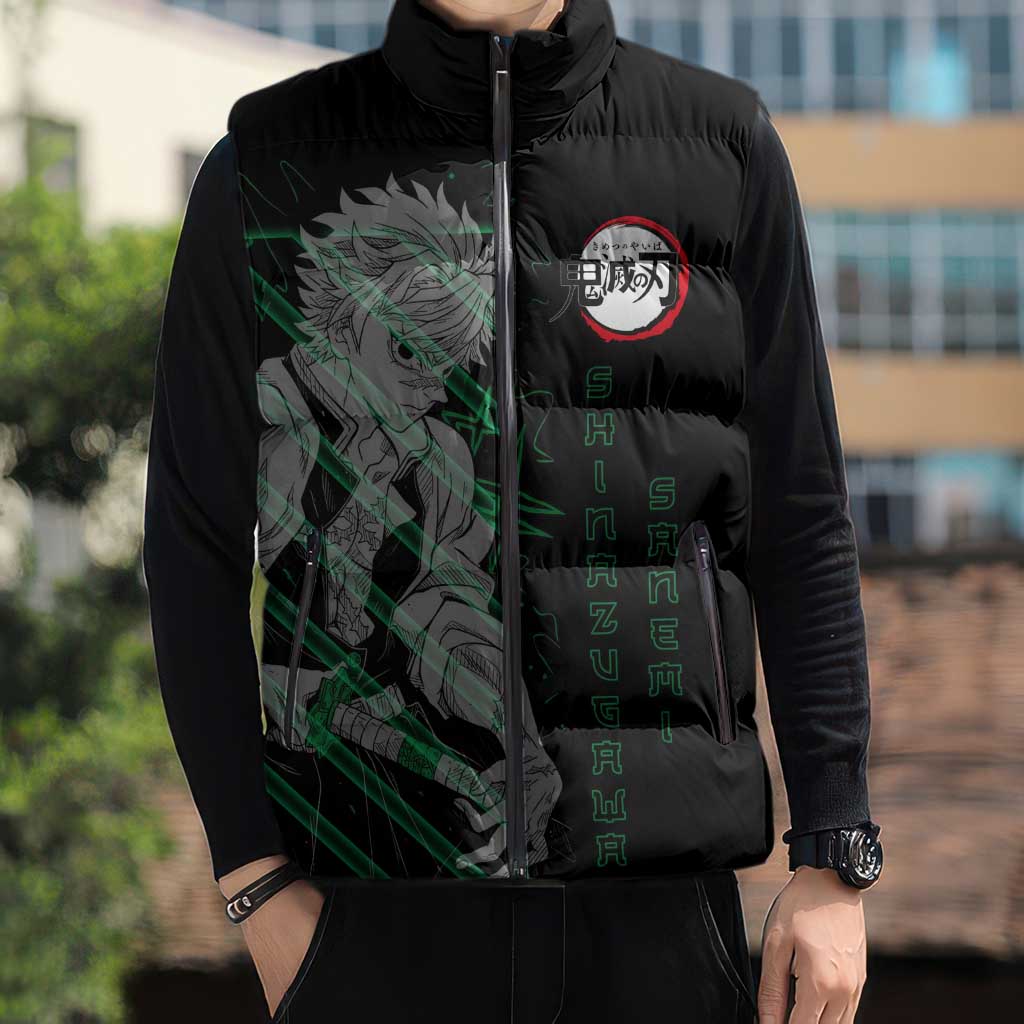 Shinazugawa Sanemi Demon Slayer Sleeveless Puffer Jacket with Green and Black Grid Style Design - The Mazicc