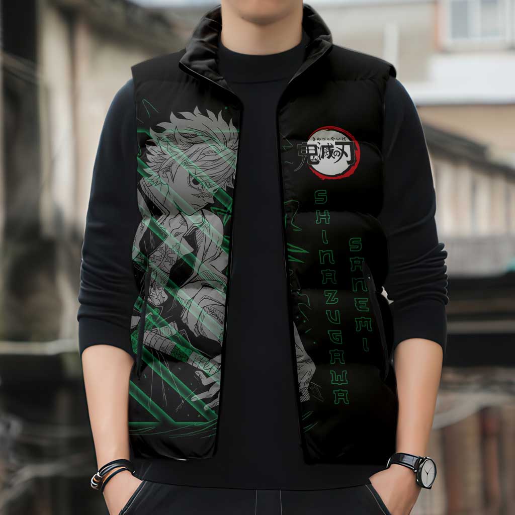 Shinazugawa Sanemi Demon Slayer Sleeveless Puffer Jacket with Green and Black Grid Style Design - The Mazicc