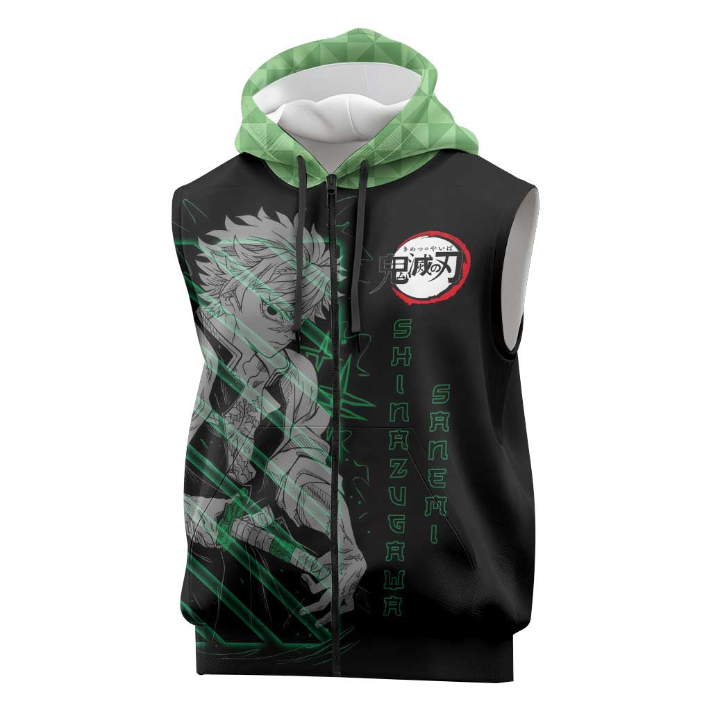 Shinazugawa Sanemi Demon Slayer Sleeveless Zip Hoodie with Green and Black Grid Style Design - The Mazicc