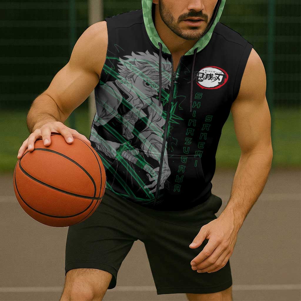 Shinazugawa Sanemi Demon Slayer Sleeveless Zip Hoodie with Green and Black Grid Style Design - The Mazicc