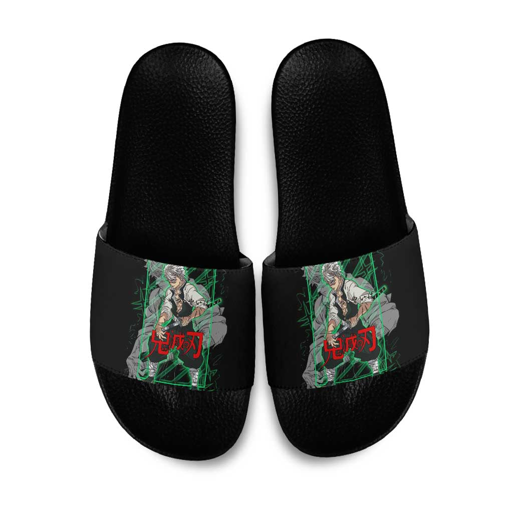 Shinazugawa Sanemi Demon Slayer Slide Sandals with Green and Black Grid Style Design - The Mazicc