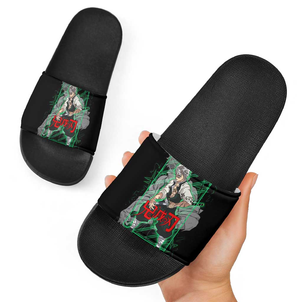 Shinazugawa Sanemi Demon Slayer Slide Sandals with Green and Black Grid Style Design - The Mazicc