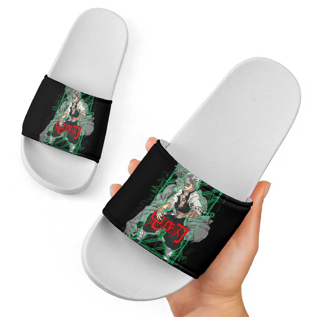 Shinazugawa Sanemi Demon Slayer Slide Sandals with Green and Black Grid Style Design - The Mazicc