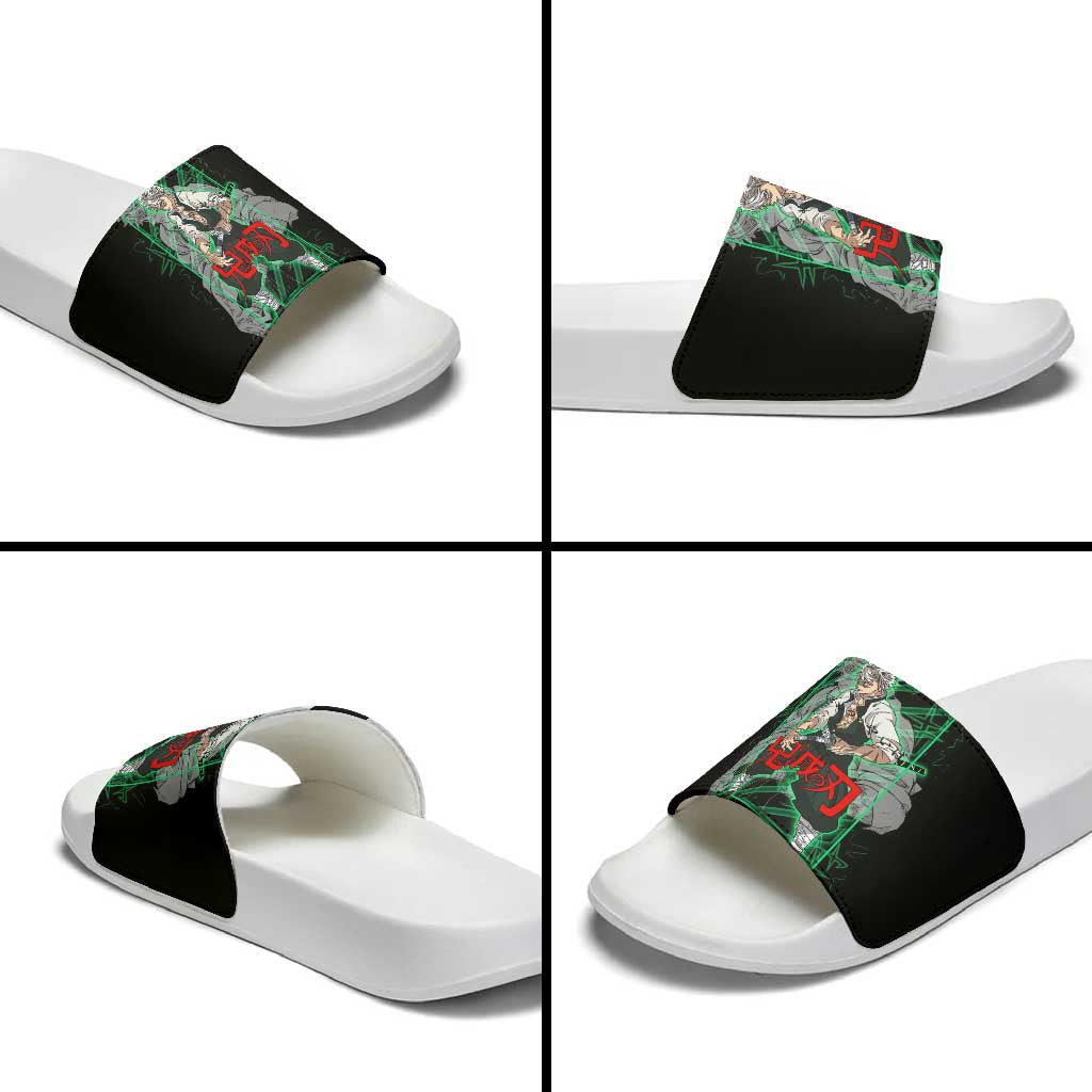 Shinazugawa Sanemi Demon Slayer Slide Sandals with Green and Black Grid Style Design - The Mazicc