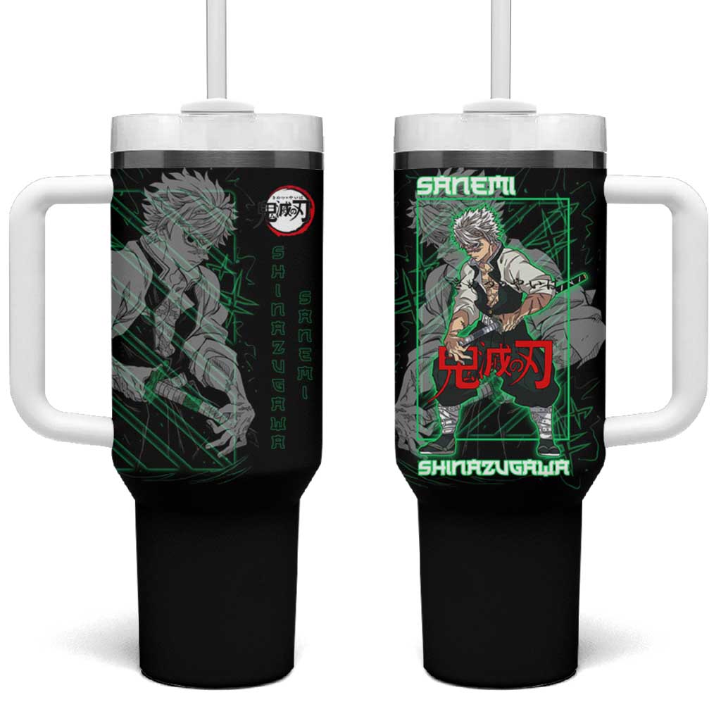 Shinazugawa Sanemi Demon Slayer Tumbler With Handle with Green and Black Grid Style Design - The Mazicc