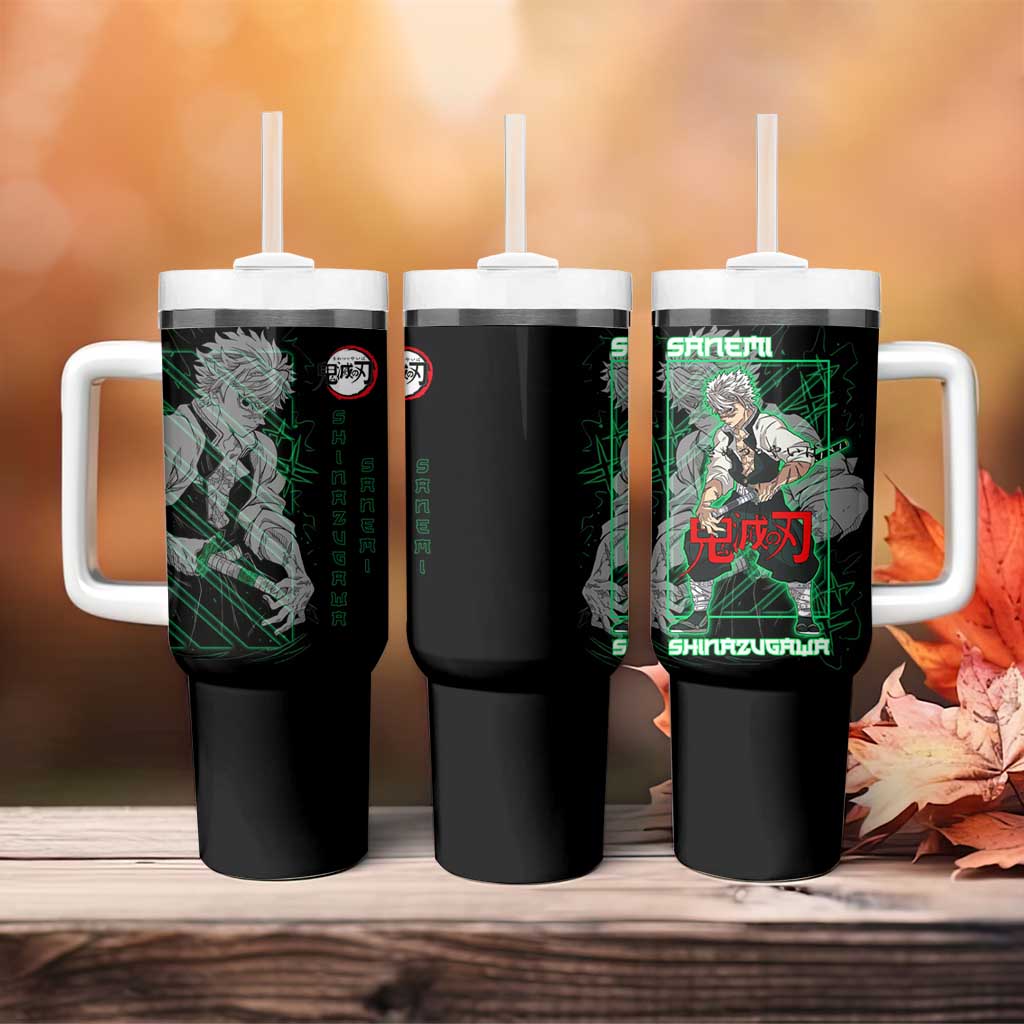 Shinazugawa Sanemi Demon Slayer Tumbler With Handle with Green and Black Grid Style Design - The Mazicc