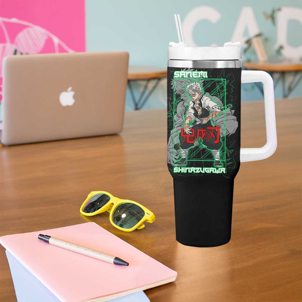 Shinazugawa Sanemi Demon Slayer Tumbler With Handle with Green and Black Grid Style Design - The Mazicc