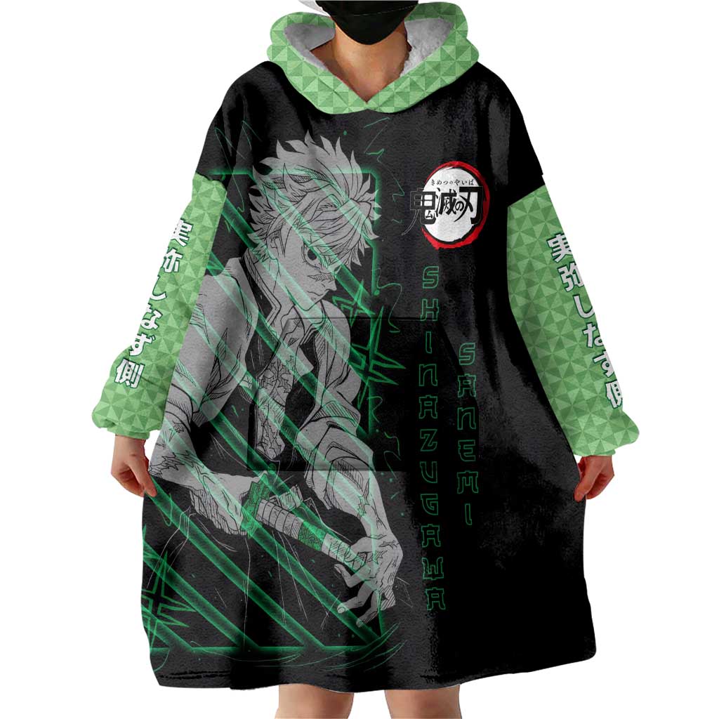 Shinazugawa Sanemi Demon Slayer Wearable Blanket Hoodie with Green and Black Grid Style Design - The Mazicc