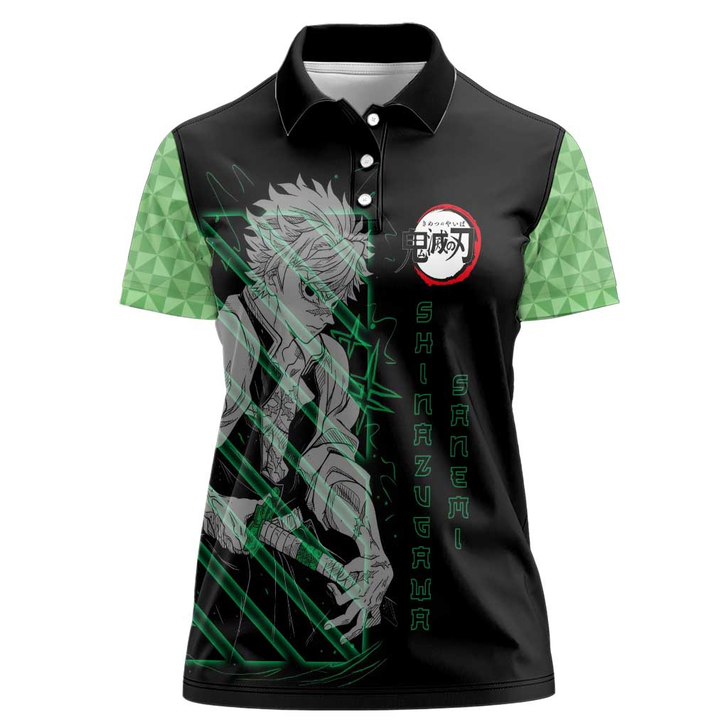 Shinazugawa Sanemi Demon Slayer Women Polo Shirt with Green and Black Grid Style Design - The Mazicc