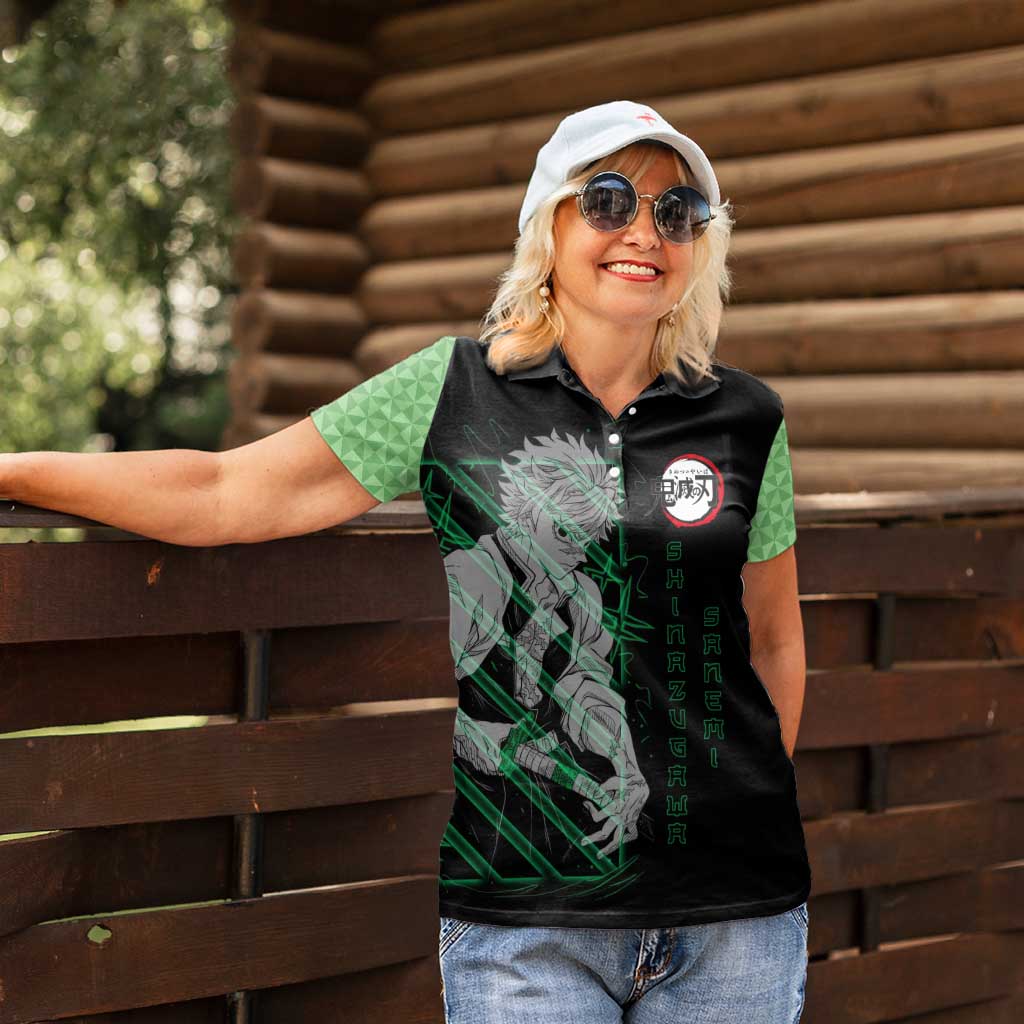 Shinazugawa Sanemi Demon Slayer Women Polo Shirt with Green and Black Grid Style Design - The Mazicc